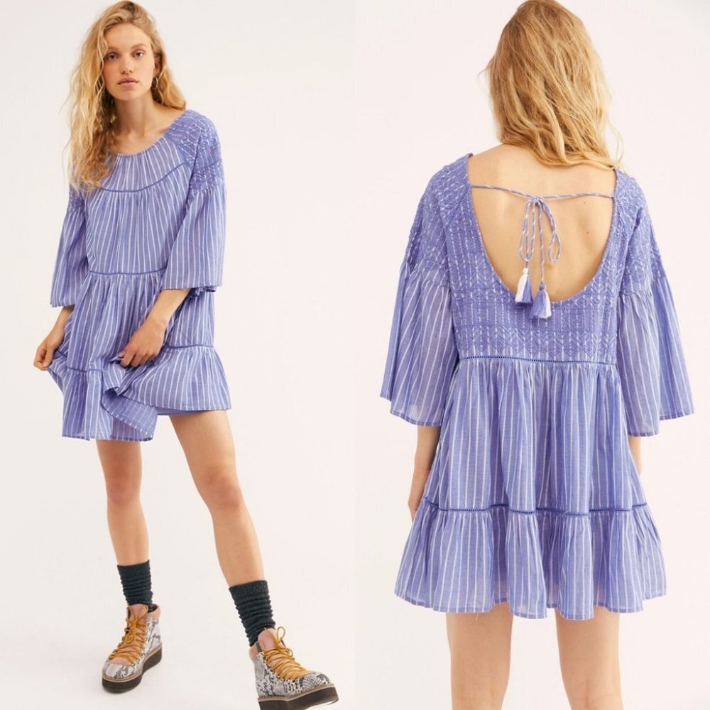 NWT Free People Embroidered Lola Mini Dress Blue Size Small Boho‎ Bohemian New S
